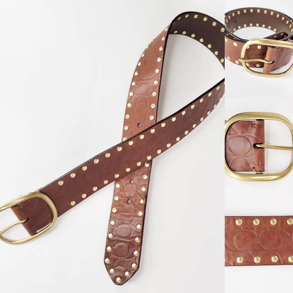Coach “C” Logo Brown Embossed Leather Belt Brass Studs and Buckle Petite Medium